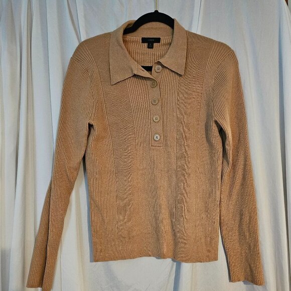 J Crew Womens Half Ribbed Collared Sweater Tan Brown Sz L - Picture 1 of 7